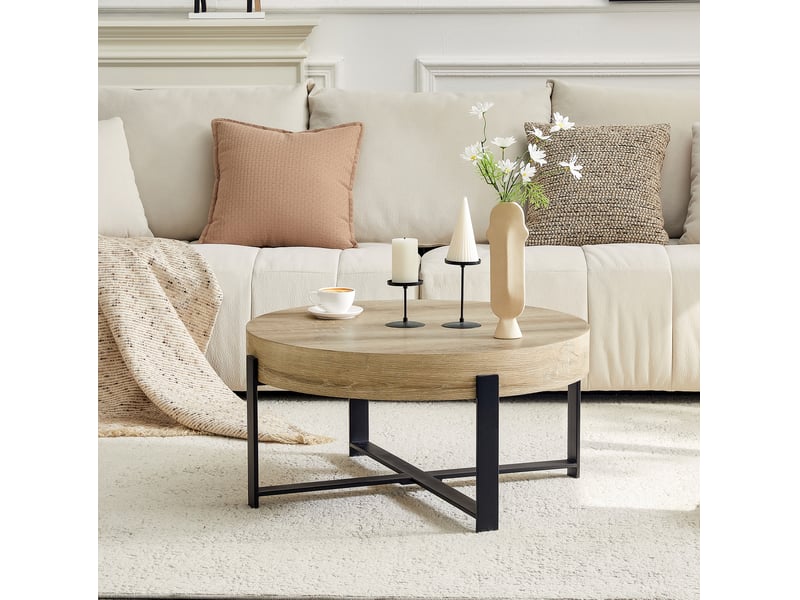Table basse ulevr ronde 68 cm style industriel rétro, plateau mdf décor bois, piètement croisé en métal noir - Conforama E