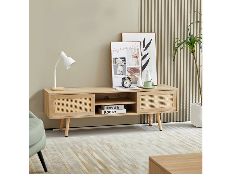  Meuble tv bas 2 portes coulissantes en cannage avec étagères réglables et niche ouverte en mdf naturel pour salon  - Conforama E