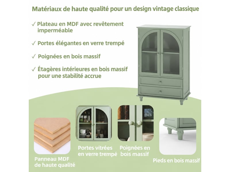  Buffet vitré vert menthe, style campagne, 2 portes et 2 tiroirs, 71 x 38 x 106,5 cm  - Conforama D
