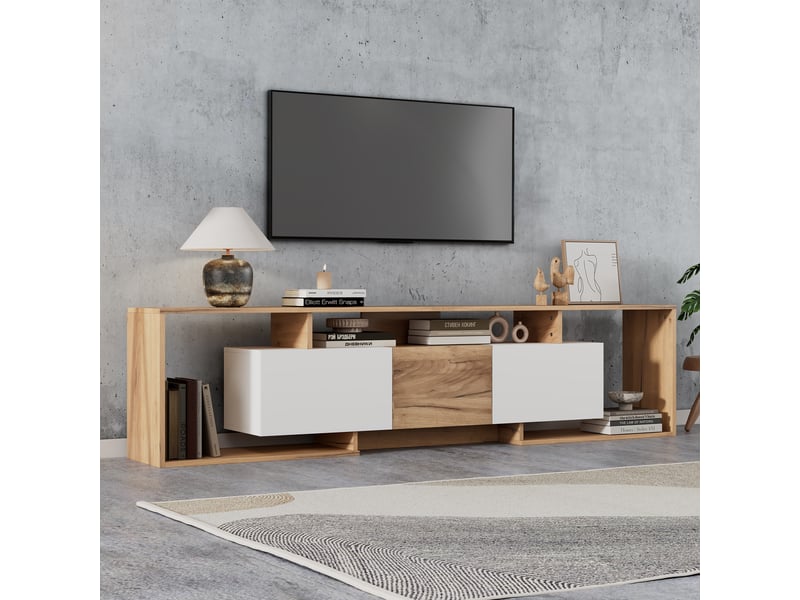  Meuble tv bas 180x30x49 cm, 2 portes abattantes, 1 porte battante, 3 niches ouvertes, design bicolore bois et blanc, rangement salon tv 85 pouces  - Conforama B