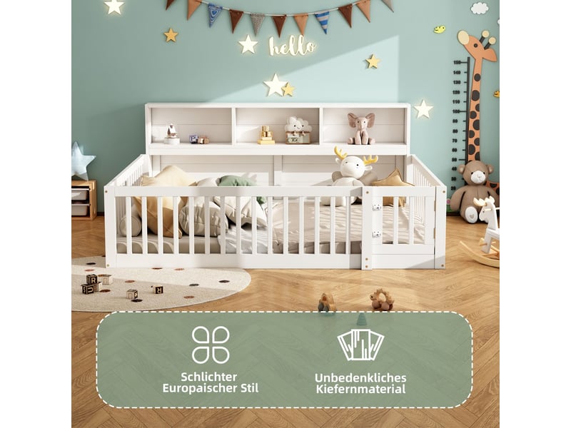 Lit enfant 140x200, garde-corps sécurité lit cabane enfant, structure bois massif, rangement intégré, design épuré  - Conforama E