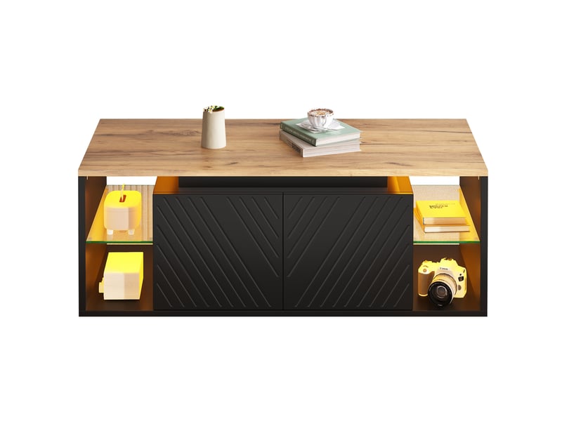 Table basse tcqpz 100 x 50 x 41 cm avec led et rangements noir effet bois - Conforama A
