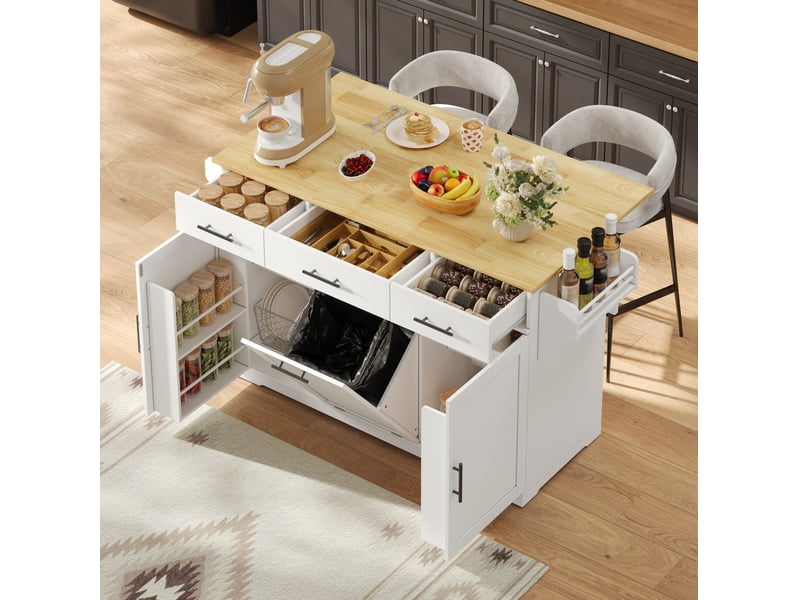  Desserte de cuisine avec 3 tiroirs, 2 portes, poubelle intégrée et prises usb, pour cuisine, mdf blanc et bois naturel  - Conforama B