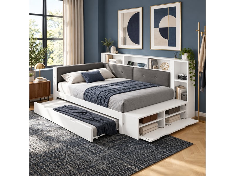 Lit banquette gigogne 120x200 cm,avec tête de lit rembourrée, rangement et prise usb,sommier à lattes,blanc - Conforama B