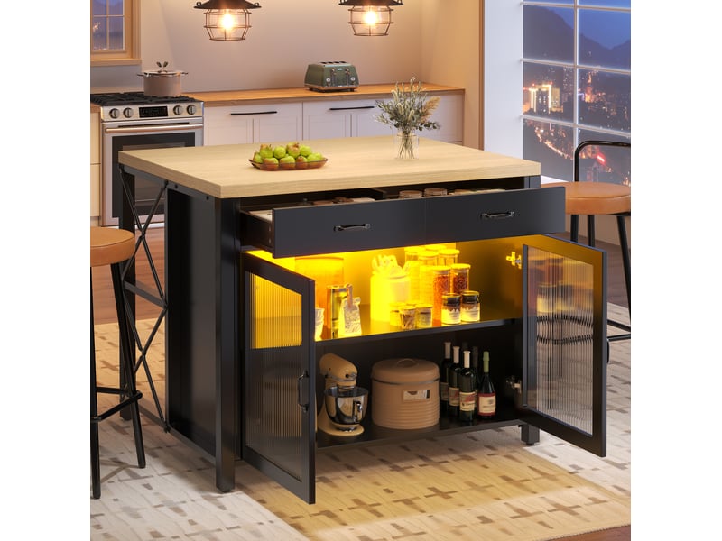  Îlot de cuisine led 100x80x90 cm avec portes vitrées et tiroirs, mdf, noir  - Conforama D