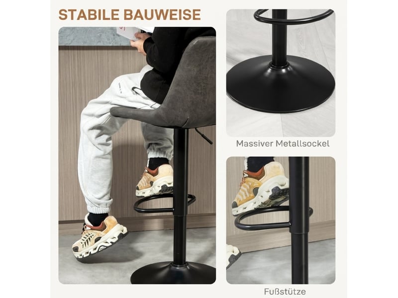 Tabouret de bar lot de 2 réglable en hauteur avec repose-pieds et dossier haut en métal et microfibre gris foncé - Conforama E