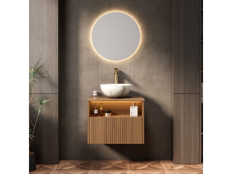  Meuble sous vasque avec 1 tiroir, niche ouverte et éclairage led à capteur pour salle de bain, 60×46×60,8 cm  - Conforama C