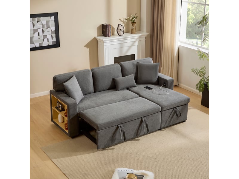 Canapé d'angle, canapé convertible : gris foncé, coffre de rangement, 214 x 131 x 87 cm - Conforama R