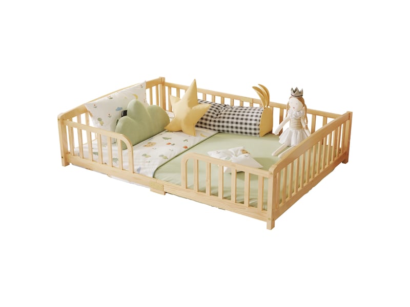  Lit au sol enfant 140x200 cm avec barrière de sécurité - bois de pin naturel accès central  - Conforama A