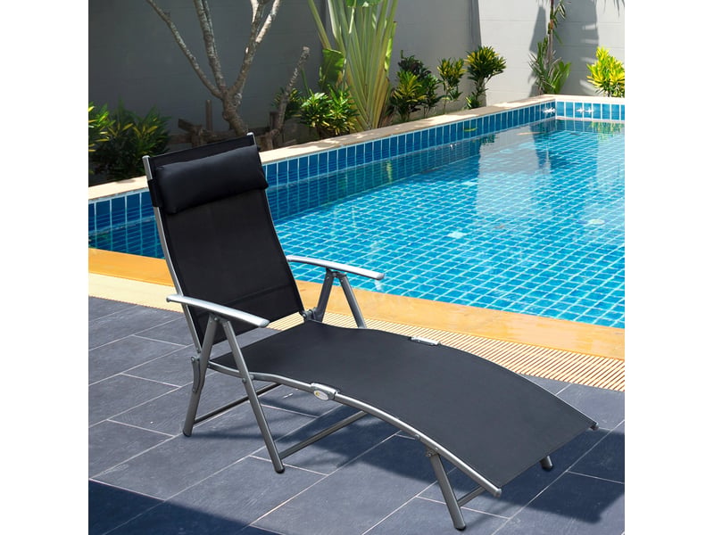 Bain de soleil pliable 137x63,5x100,5 cm – noir – métal, textilène, dossier réglable 5 positions avec coussin - Conforama B