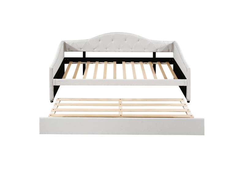  Méridienne 90 x 200 cm avec lit gigogne, canapé-lit, lit simple (sans matelas), lin, style minimaliste, beige  - Conforama D