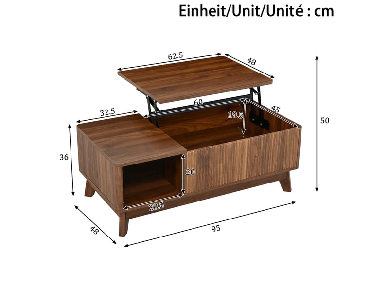  Table basse relevable ulevr avec rangement, 95 x 48 x 50 cm, mdf couleur noyer, façade effet vagues 3d  - Conforama C