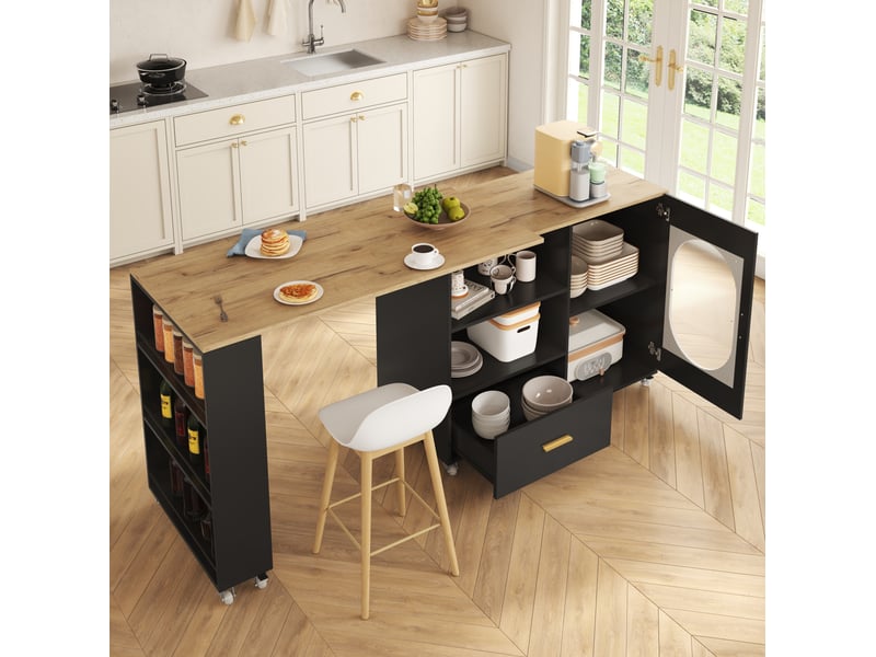  Desserte de cuisine avec plateau pivotant, 1 tiroir, 1 porte, étagère réglable, naturel et noir, 120 × 60 × 90 cm  - Conforama C