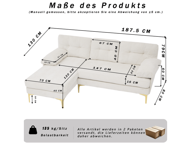  Canapé d’angle 3 places avec méridienne réversible  - accoudoirs rembourrés, chenille beige 187,5 × 130 × 79 cm  - Conforama D