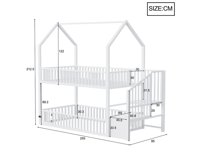  Lit superposé pour enfant 90x200 cm - lit en métal - avec escalier - avec une petite porte - blanc (matelas non inclus)  - Conforama C