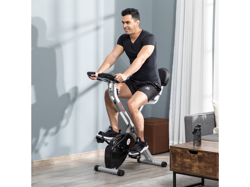 Vélo appartement pliable fitness intérieur, 8 résistances magnétiques, dossier, selle réglable, lcd, cardio, noir. - Conforama C