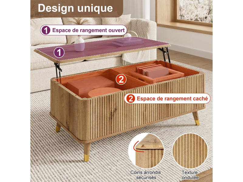  Table basse rétro moderne, plateau réglable en hauteur, structure ondulée, aspect bois, pieds en bois, grand espace de rangement, table de salon multifonctionnelle  - Conforama E