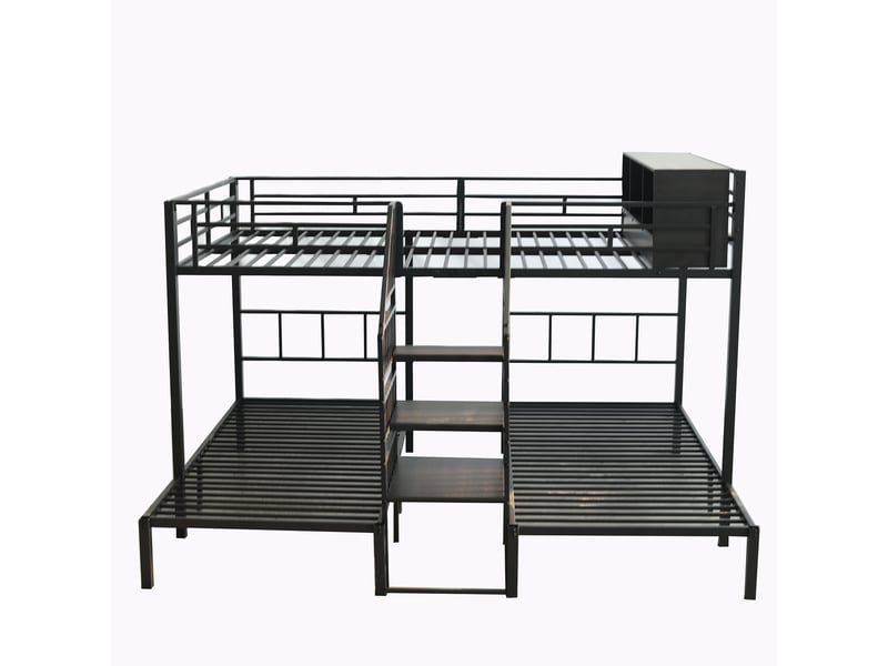  Lit superposé 3 couchages 90x200 et 140x200 cm, escalier avec rampes, rangement intégré, métal noir  - Conforama R