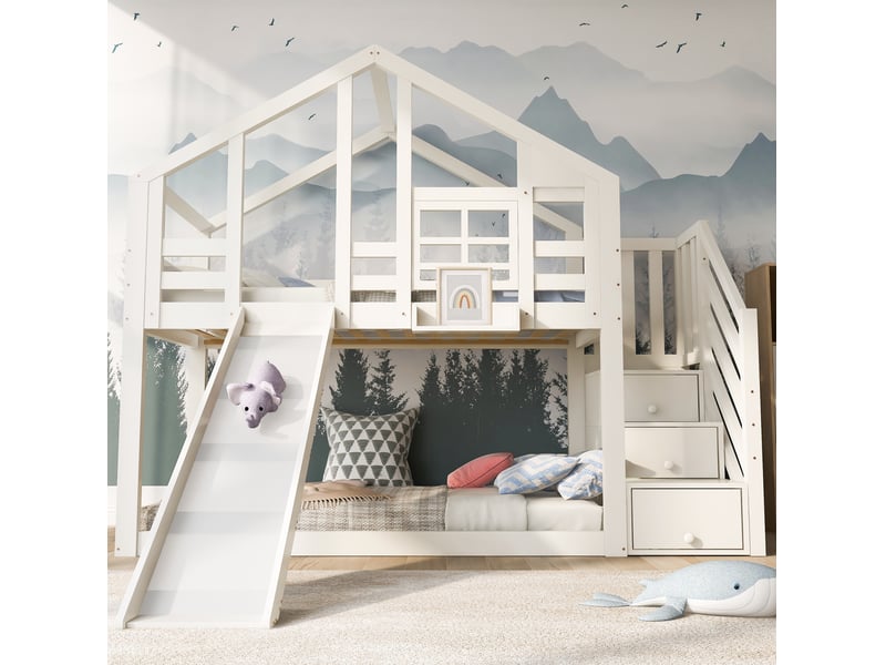  Modenvie lit superposé cabane enfant 90x200 cm - avec toboggan et rangements, sans matelas - blanc  - Conforama D