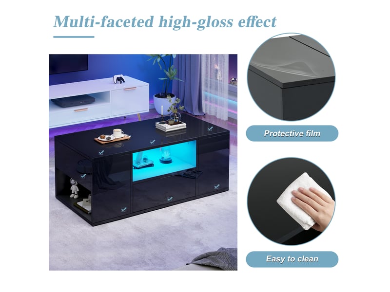  Table basse avec 1 tiroir, 2 portes et led pour salon 100×50×40 cm en panneaux de particules noir  - Conforama C