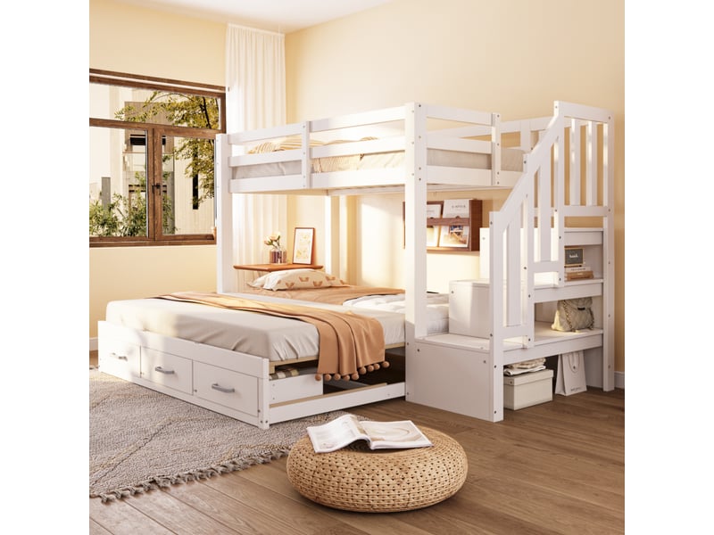 Lit superposé 90 × 200 cm et 90180 × 190 cm 3 places avec 3 tiroirs et échelle de rangement, sans matelas, blanc - Conforama C