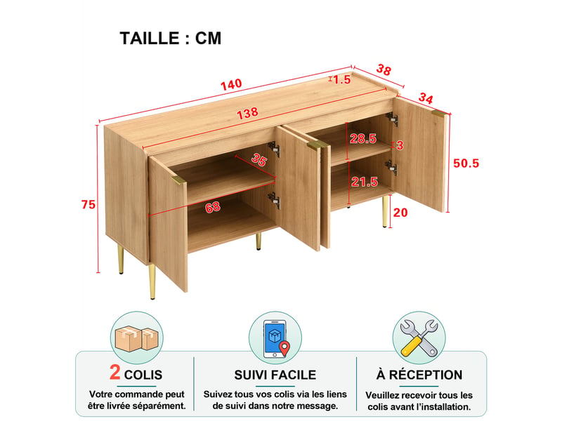 Buffet et enfilade avec 4 portes, étagères réglables et pieds dorés pour salon, mdf, 140×38×75 cm, naturel - Conforama D