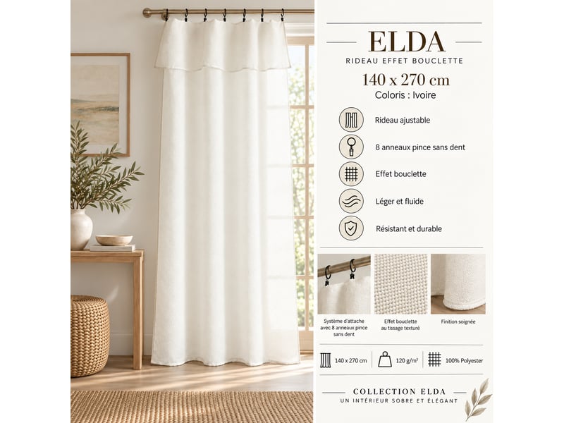 Rideau ajustable + 8 anneaux pince 140 x 270 cm polyester effet bouclette elda ivoire 15667 - Conforama E