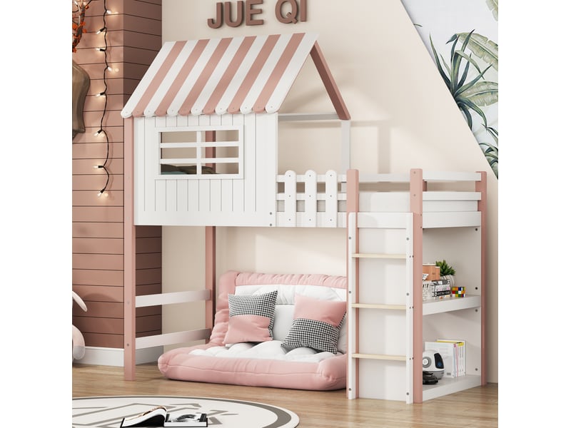 Lit mezzanine enfant 90x200 cm – rose et blanc – cabane avec échelle fixe - sans matelas rangement latéral - Conforama B