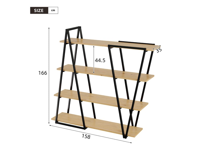  Bibliothèque design géométrique 158x35x166 cm, étagère sur pied métal et bois avec 4 niveaux, style industriel pour salon et bureau.  - Conforama C