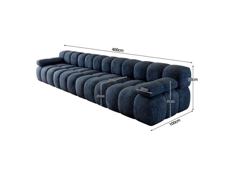  Canapé 4 places compressé 400x100x68 cm en mousse douce et tissu couleur bleu, design moderne  - Conforama C