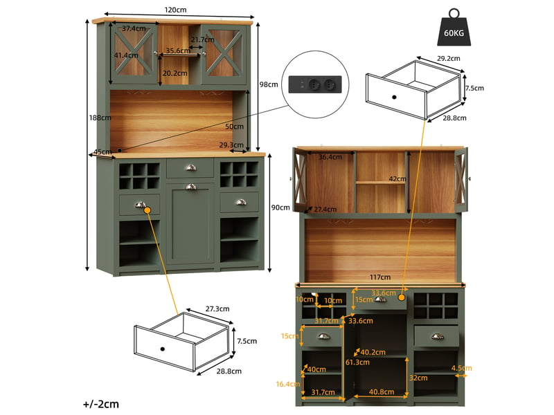  Meuble cuisine haut 120x45x188 cm, avec led, buffet, armoire de cuisine, charge, tablettes réglables, mdf, vert antique  - Conforama C