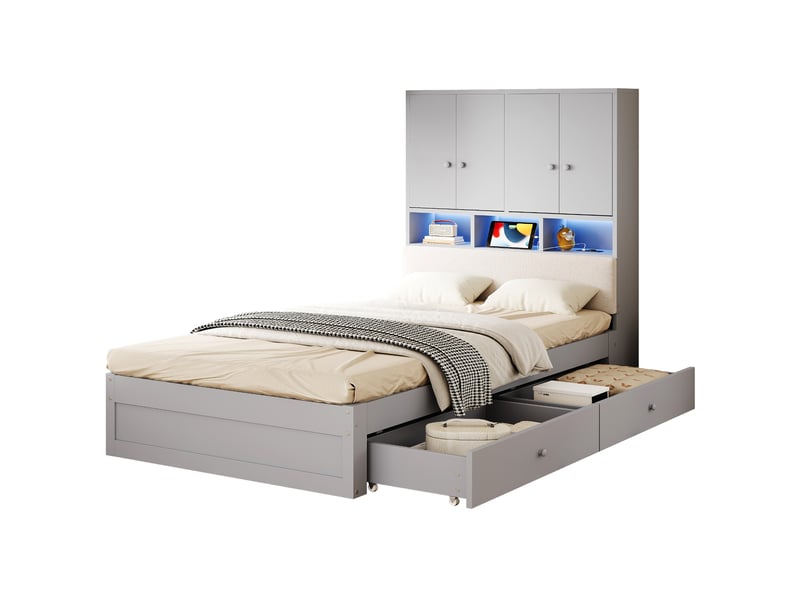  Lit 1 place 90 x 200 cm gris en bois, tête de lit avec rangements, éclairage led, prise et 2 tiroirs  - Conforama A