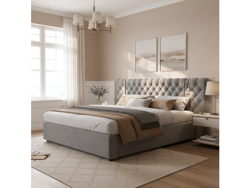  Modenvie lit coffre 180x200 cm - rangement hydraulique, tête de lit en velours, sans matelas - gris  - Conforama B