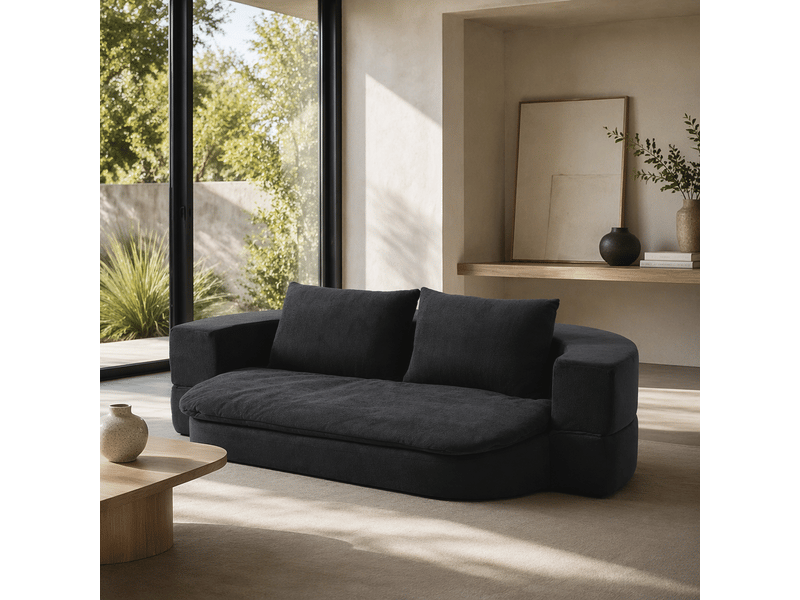  Chauffeuse convertible 2 places 130x200 cm, sans cadre rigide, mousse haute densité, 2 coussins, couverture 2-en-1, noir Morn Vibe - Conforama B