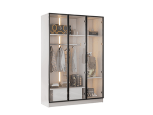 Armoire 110x50x160 cm 3 portes en verre, 1 tiroir, 1 tringle, led, panneau de particules, blanc
