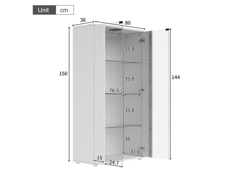 Vitrine 2 portes vitrées, 4 étagères et éclairage led réglable, design moderne pour salon, blanc 80 × 36 × 150 cm - Conforama C