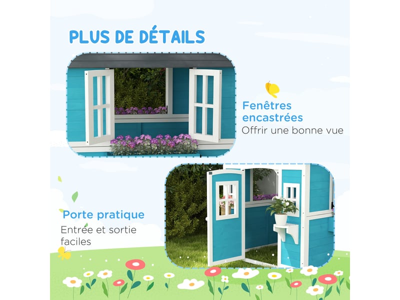  Cabane enfant extérieur maison enfant extérieure avec porte fenêtres et jardinières bleu 114 x 126,4 x 135 cm  - Conforama W