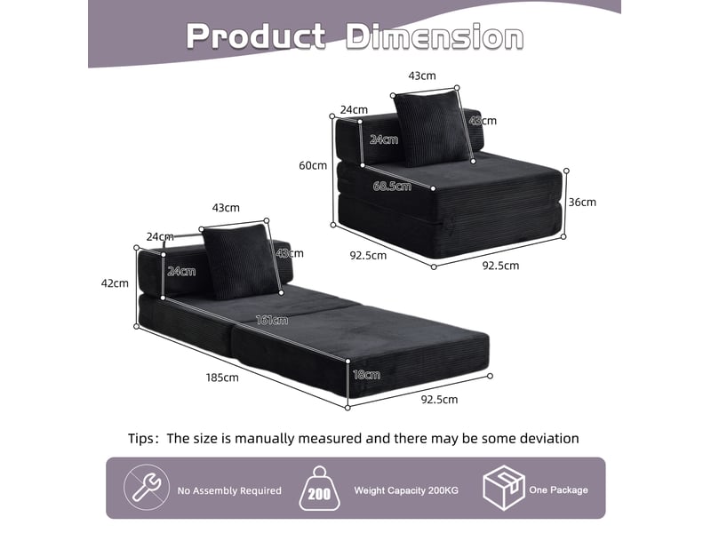  Canapé convertible au sol 1 place pliable avec coussin de dossier et accoudoirs en velours côtelé noir  - Conforama C