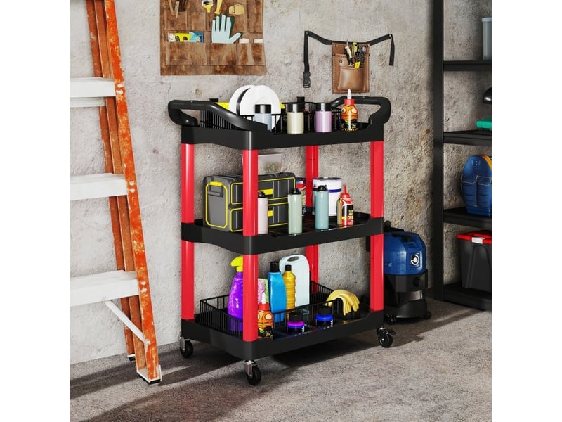  Chariot d'atelier 83 x 43 x 97 cm noir et rouge en plastique, 3 niveaux avec rangement, charge 91 kg  - Conforama D
