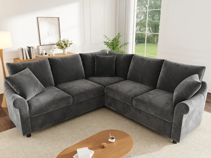  Canapé d'angle modulaire,5 places,  en tissu chenille,pour salon,217x217x83cm,,gris  - Conforama B