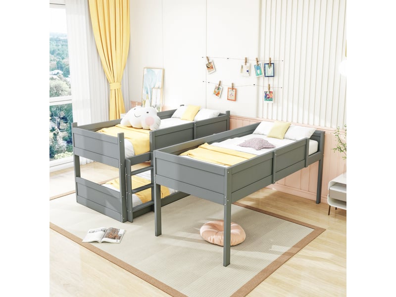 Lit superposé enfant 3 places 90×200 cm avec barrières - modulable, bois gris, sans matelas - Conforama C