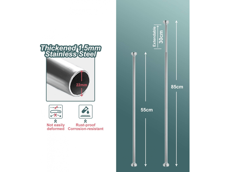  Tringle à rideau de douche télescopique rétractable en acier inoxydable, 55-85 cm du mur, argent  - Conforama D