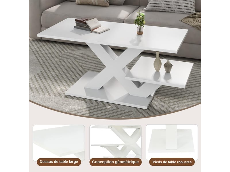  Table basse 100x48x45 cm blanc brillant mdf double plateau pieds en x pour salon  - Conforama C