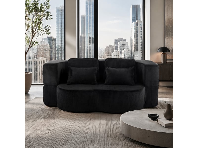  Canapé convertible au sol 2 places avec 4 coussins  - mousse haute densité, tissu velours noir  - Conforama C