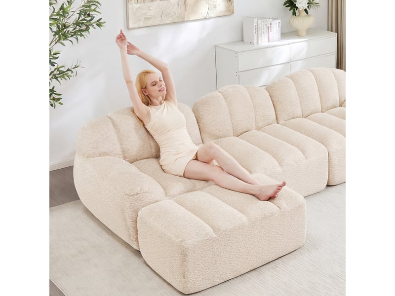 Canapé d’angle coquille 4 places avec pouf beigeblanc – 366 x 165 x 79 cm Fay Lum - Conforama W