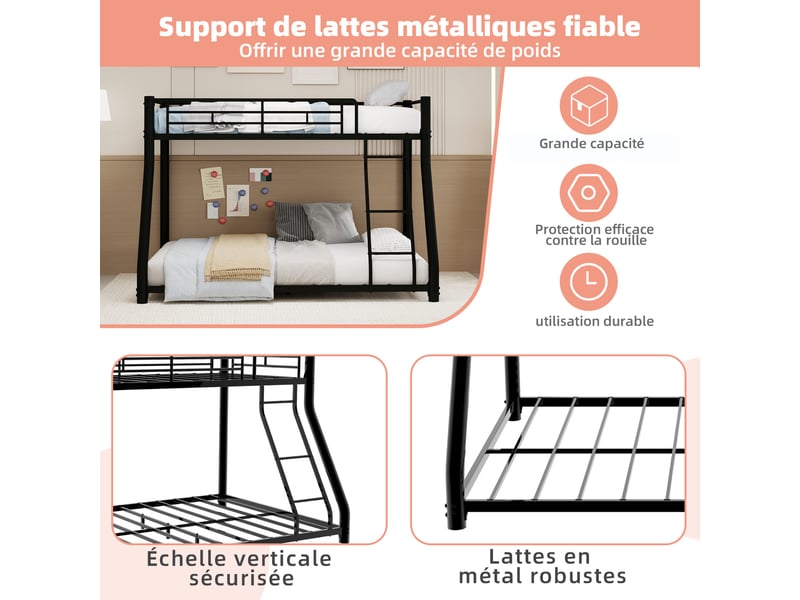  Lit superposé métal 90 x 190140 x 190 cm, avec 2 couchages, échelle et barrières de sécurité, noir  - Conforama D