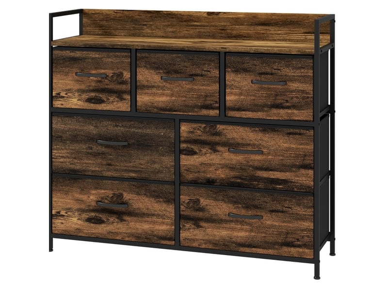 Buffet bas 98x29x85 cm marron, 7 tiroirs en polyester, structure mdf et acier, rangement avec anti-basculement - Conforama A