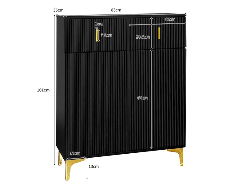 Buffet bas meuble à chaussures noir avec panneaux structurés, 2 portes, 2 tiroirs et étagères réglables - Conforama E