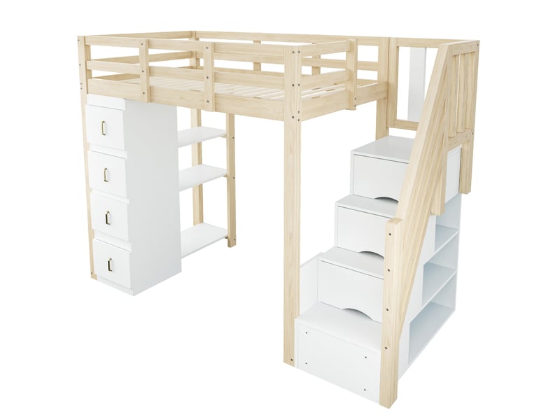 Lit mezzanine 90x200 cm en bois massif avec tiroirs de rangement, étagères multifonctions et échelle sécurisée avec rangements intégrés, naturel - Conforama E