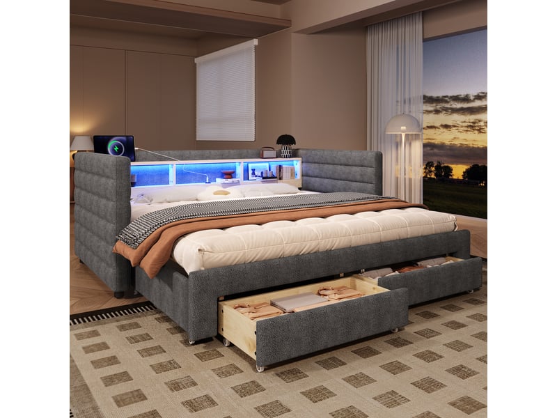  Lit gigogne 90 × 190 cm, rangements, tiroirs, éclairage led, gris  - Conforama D